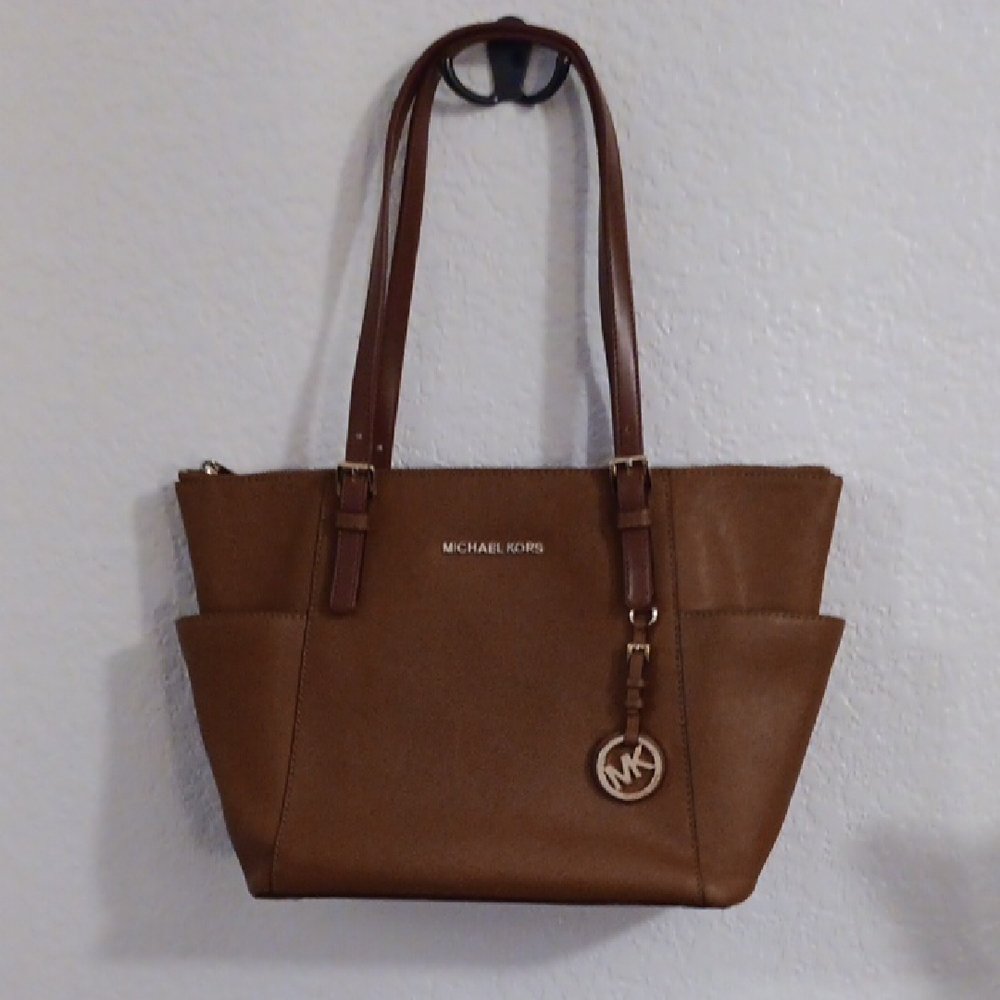 Michael Kors Preloved Brown With Dark Brown Straps Leather Tote with Charm